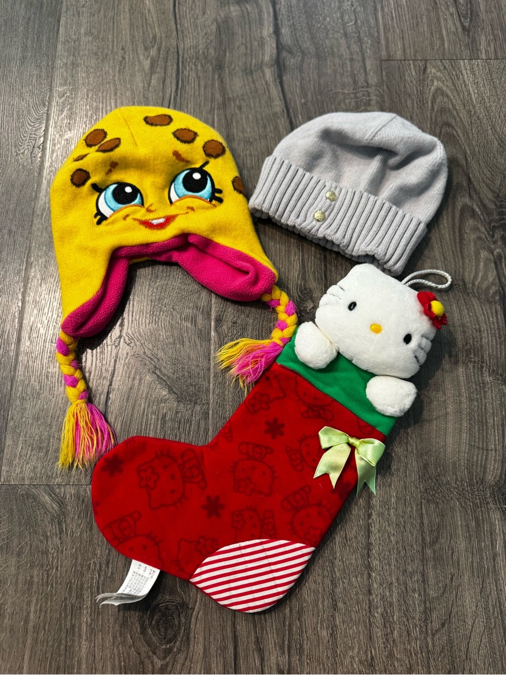 Shopkins Kooky cookie beanie Ralph Lauren beanie and hello kitty stocking